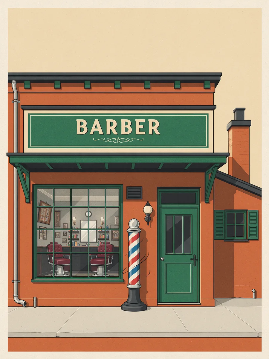 The Corner Chair, an illustrated barber shopfront